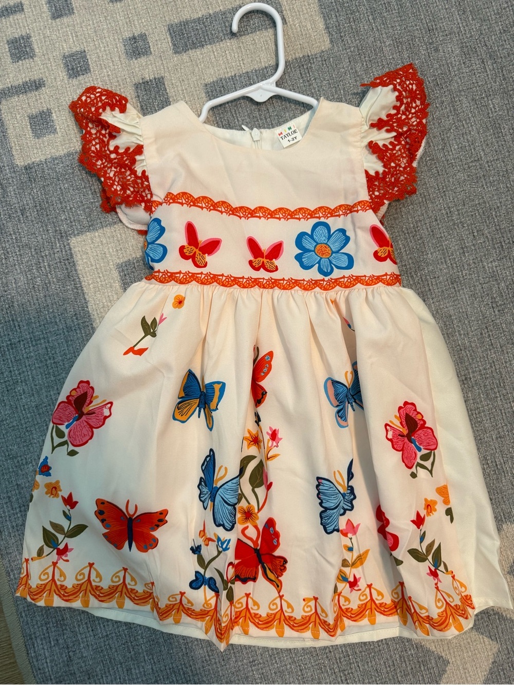 Girls Cream Butterfly & Floral Dress with Orange Trim